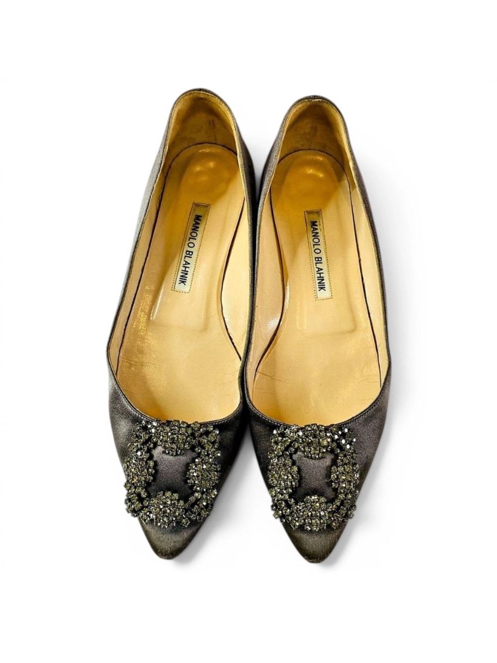 🛍️ Manolo Blahnik Authentic Silver/Gray Satin Hangisiflat Crystal Gunmetal Flats